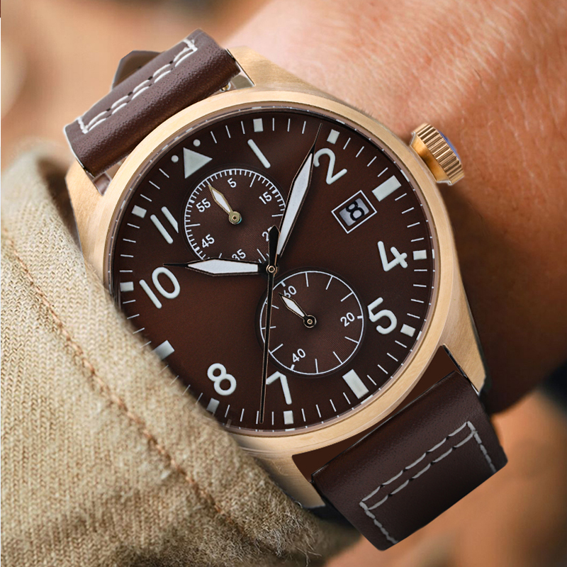 X0059G Unleash Your Elegance with this 43MM Men's Quartz Watch and Leather Band