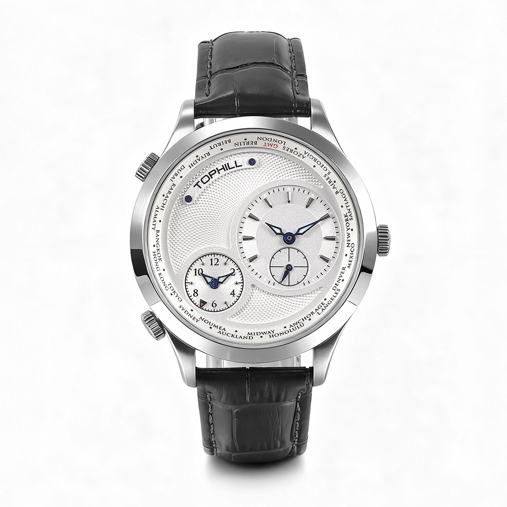 A designer watch featuring dual-movement