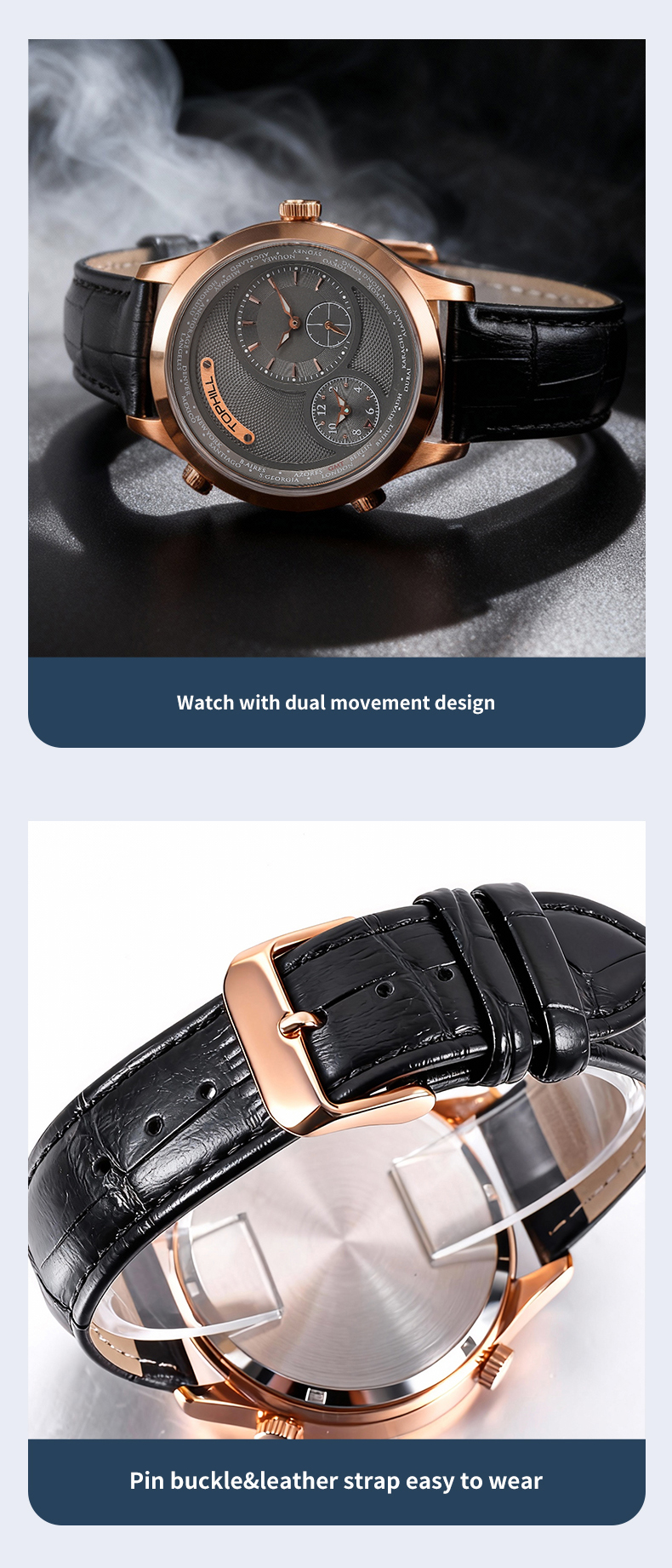 A designer watch featuring dual-movement design and world time function.(图2)