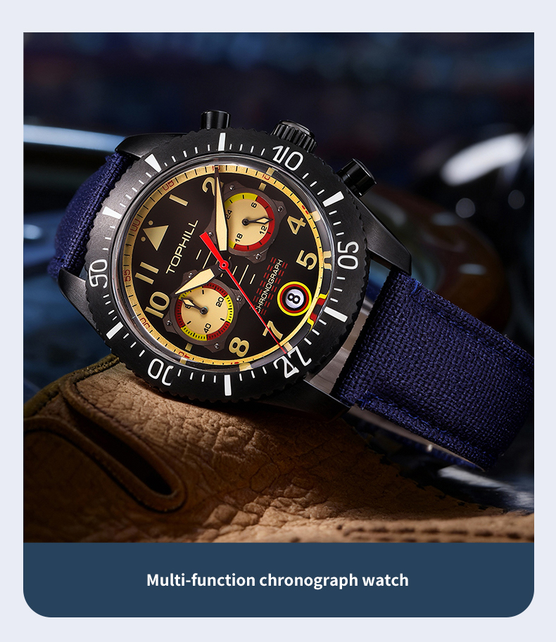 VK64 quartz chronograph watch with a retro-style theme, featuring aviation-inspired design elements, and presented as an original designer timepiece(图3)